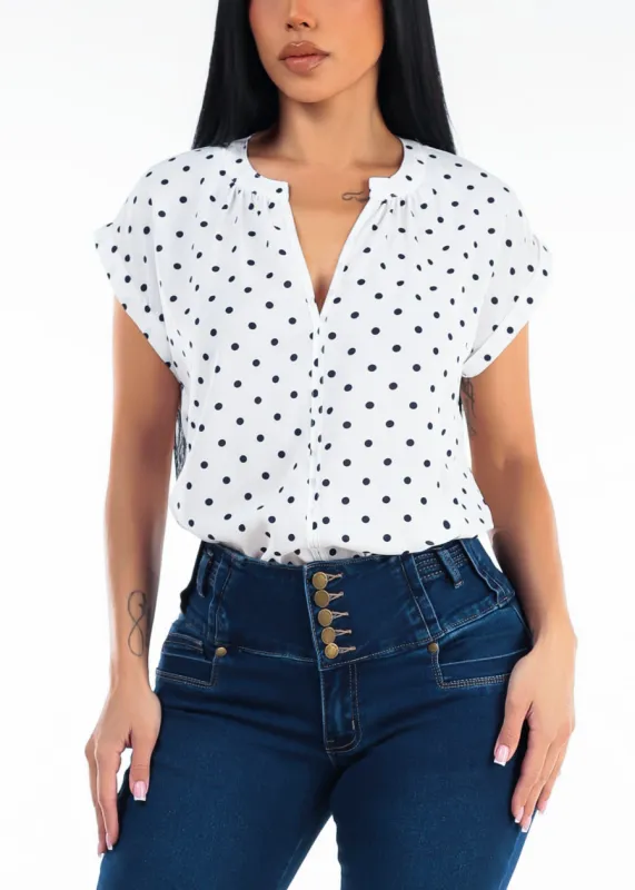 Short Sleeve Vneck Polka Dot Blouse Ivory made by Moda