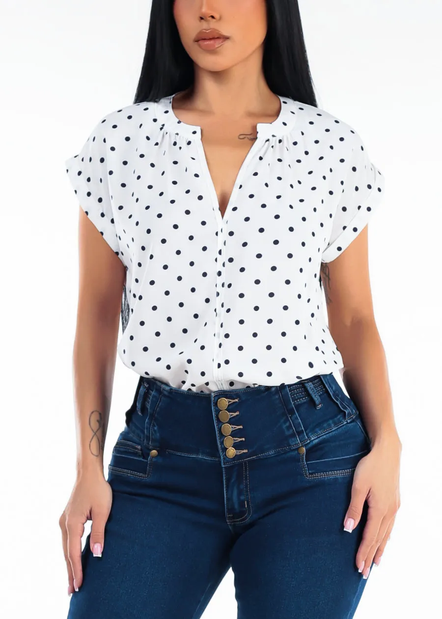 Short Sleeve Vneck Polka Dot Blouse Ivory sold by Moda