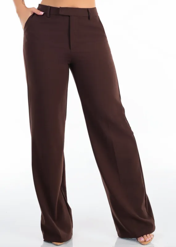 Super High Waist Stretch Wide Leg Dress Pants Brown made by Love Tree