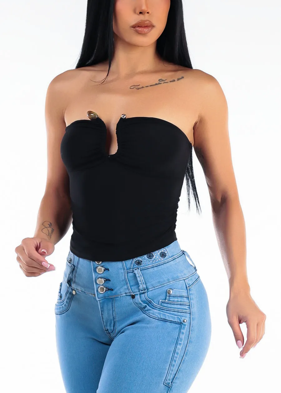Strapless Plunge Neckline Stretch Crop Top Black sold by Moda