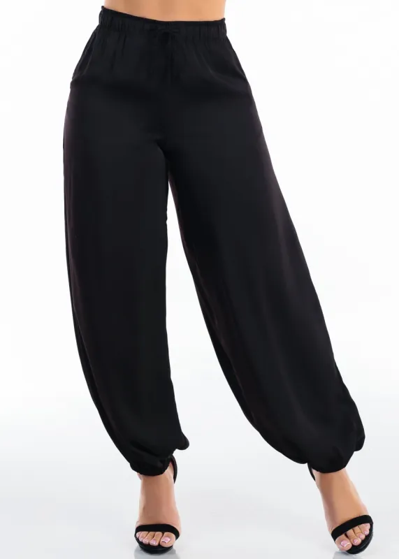 High Drawstring Waist Satin Jogger Pants Black made by Love Tree