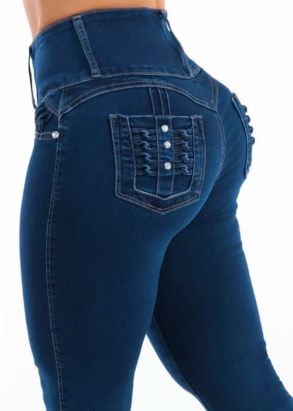 MX JEANS Butt Lift High Waist Stretch Skinny Jeans Dark Wash w Back Pocket Design made by Moda