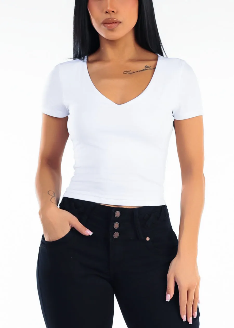 Vneck Short Sleeve Stretch Crop Top White sold by Moda product image thumbnail 5