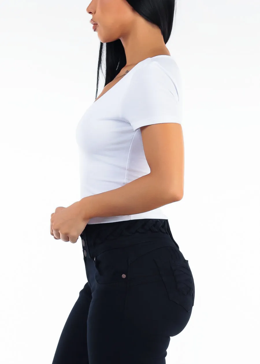 Vneck Short Sleeve Stretch Crop Top White sold by Moda product image thumbnail 3
