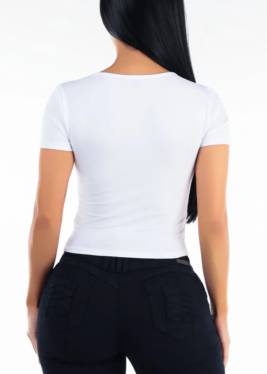 Vneck Short Sleeve Stretch Crop Top White sold by Moda product image thumbnail 4