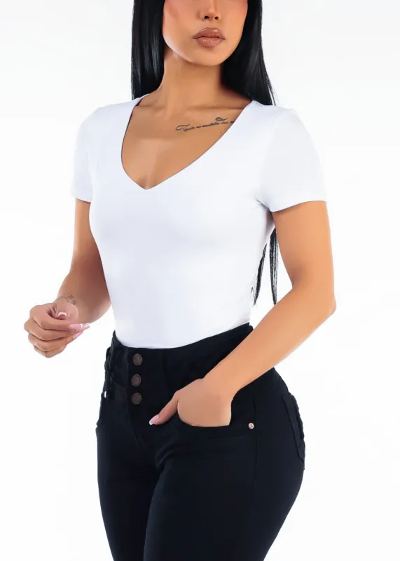 Vneck Short Sleeve Stretch Crop Top White made by Ambiance