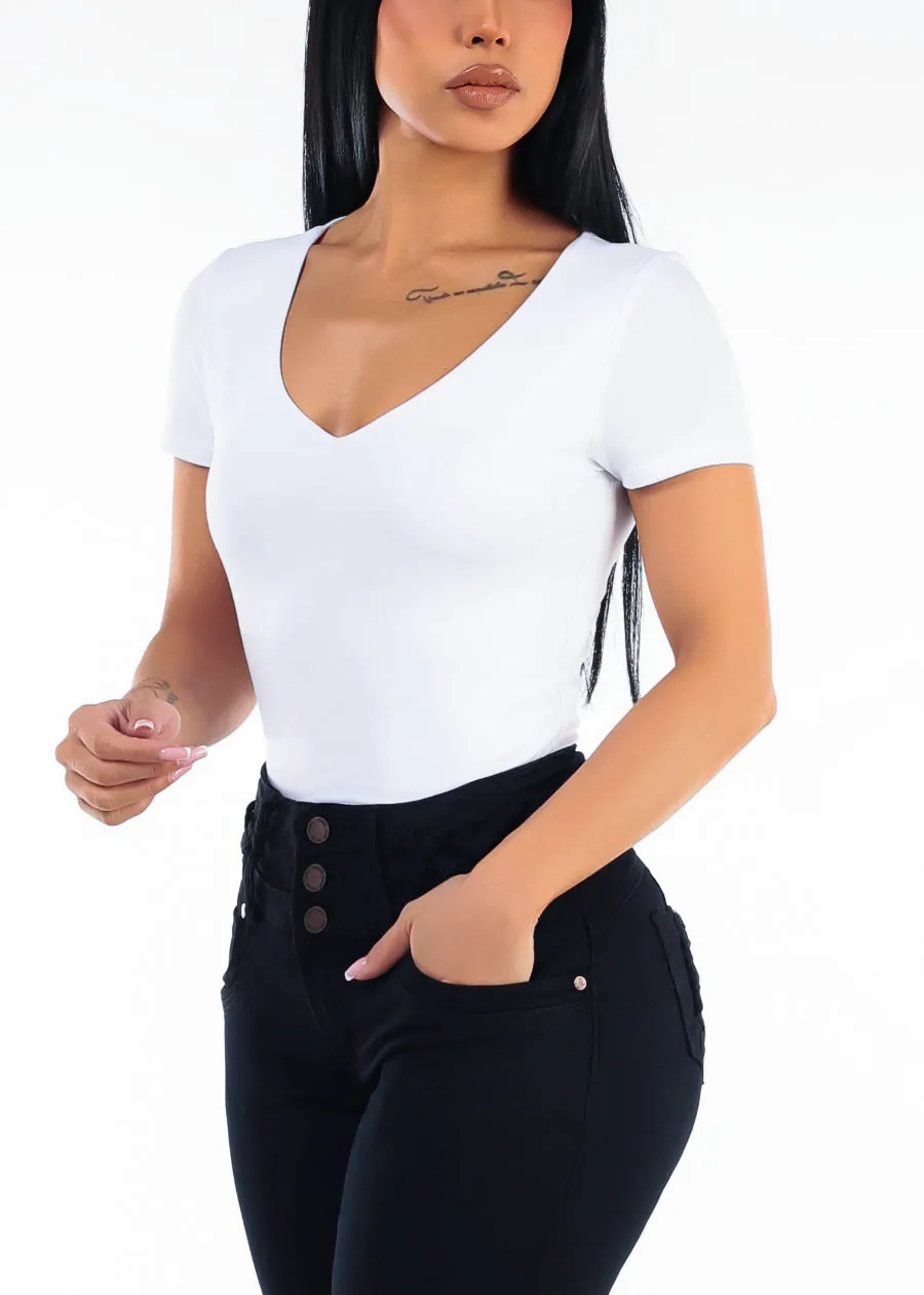 Vneck Short Sleeve Stretch Crop Top White sold by Moda