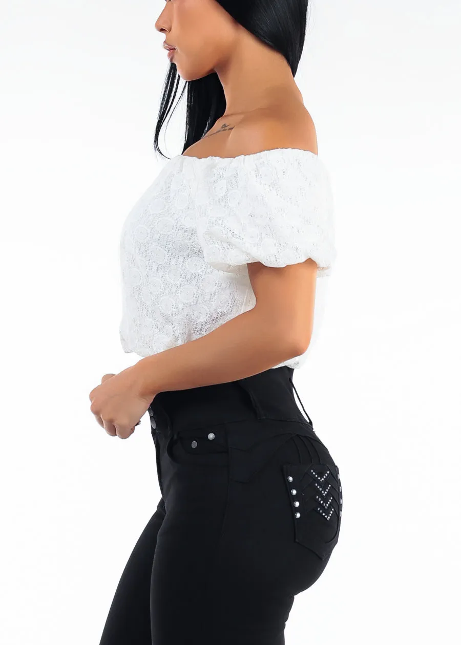 White Off Shoulder Lace Crop Top sold by Moda product image thumbnail 3