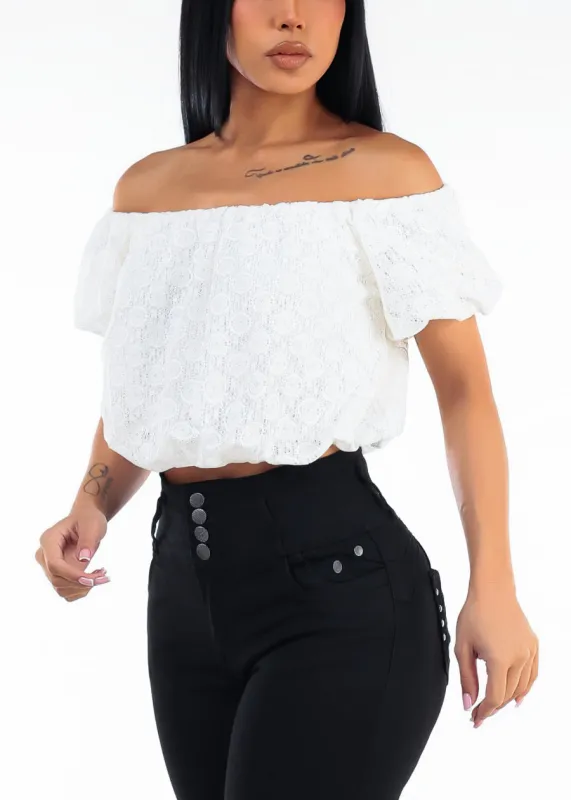 White Off Shoulder Lace Crop Top made by Moda