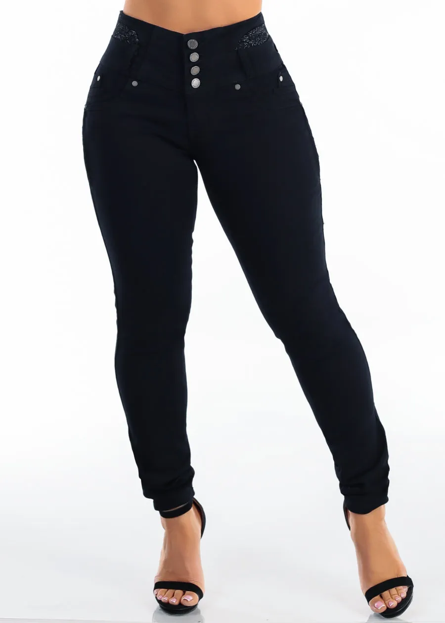 MX JEANS Embroidered Back Butt Lift Stretch Skinny Jeans Black sold by Moda product image thumbnail 3