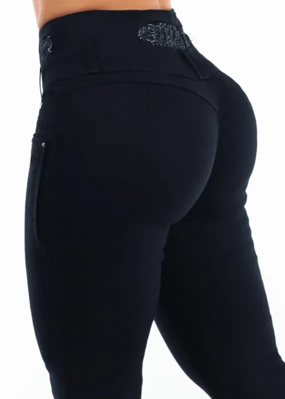 MX JEANS Embroidered Back Butt Lift Stretch Skinny Jeans Black made by Moda
