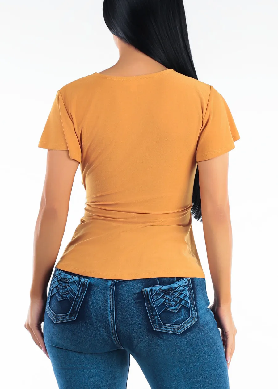 Short Sleeve Surplice Stretch Peplum Blouse Mustard sold by Moda product image thumbnail 4