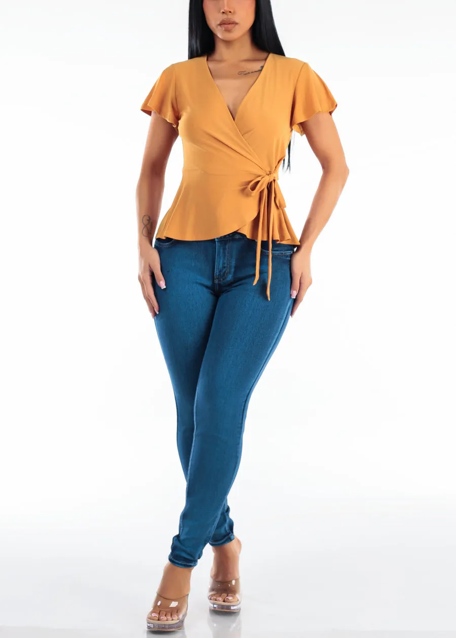 Short Sleeve Surplice Stretch Peplum Blouse Mustard sold by Moda product image thumbnail 2