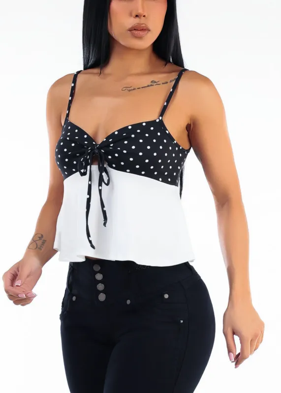 Sleeveless Polka Dot Peplum Top with Tie Front Black & White made by Timing