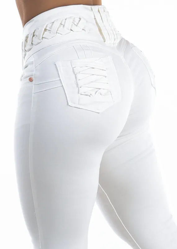 MX JEANS Butt Lift High Waist Stretch Skinny Jeans White w Lace Up Design made by Moda