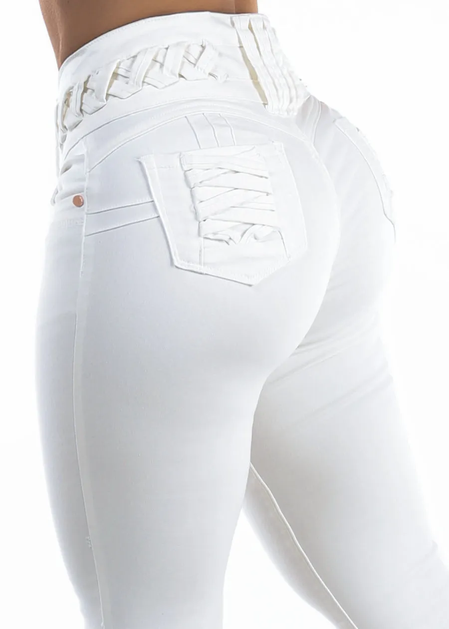 MX JEANS Butt Lift High Waist Stretch Skinny Jeans White w Lace Up Design sold by Moda