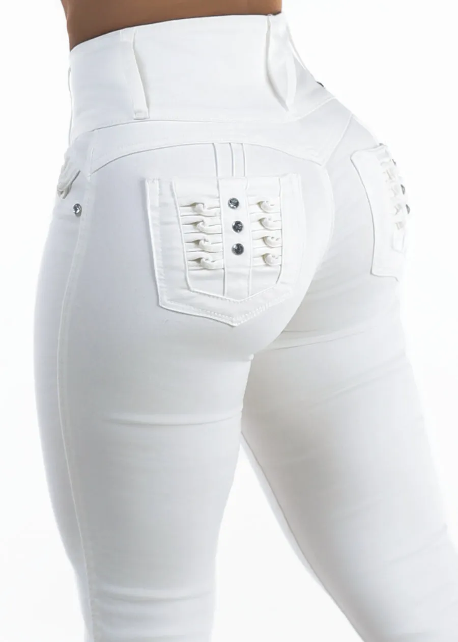 MX JEANS Butt Lift High Waist Stretch Skinny Jeans White w Back Pocket Design sold by Moda