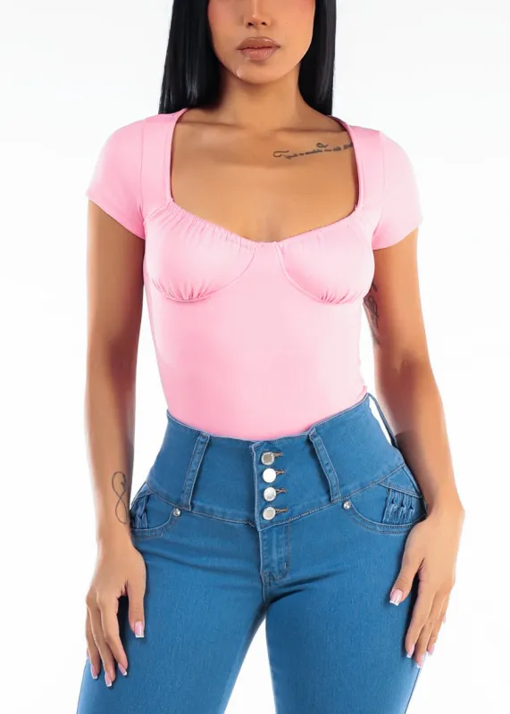 Stretch Short Sleeve Sweetheart Neckline Blouse Pink made by Timing