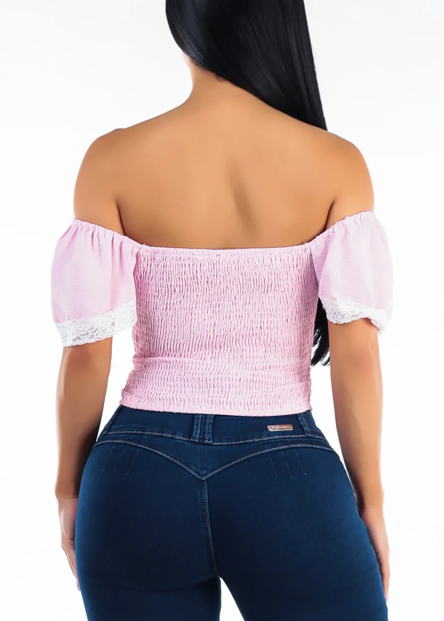Off Shoulder Stretch Corset Style Blouse Light Pink w Lace Trim sold by Moda product image thumbnail 4