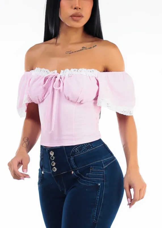 Off Shoulder Stretch Corset Style Blouse Light Pink w Lace Trim made by Timing