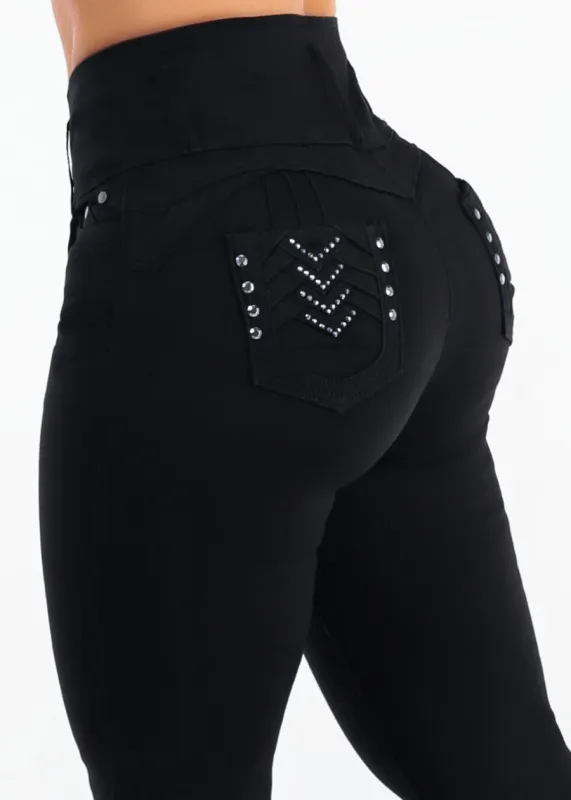 MX JEANS Butt Lift Super High Waist Black Stretch Skinny Jeans made by Moda