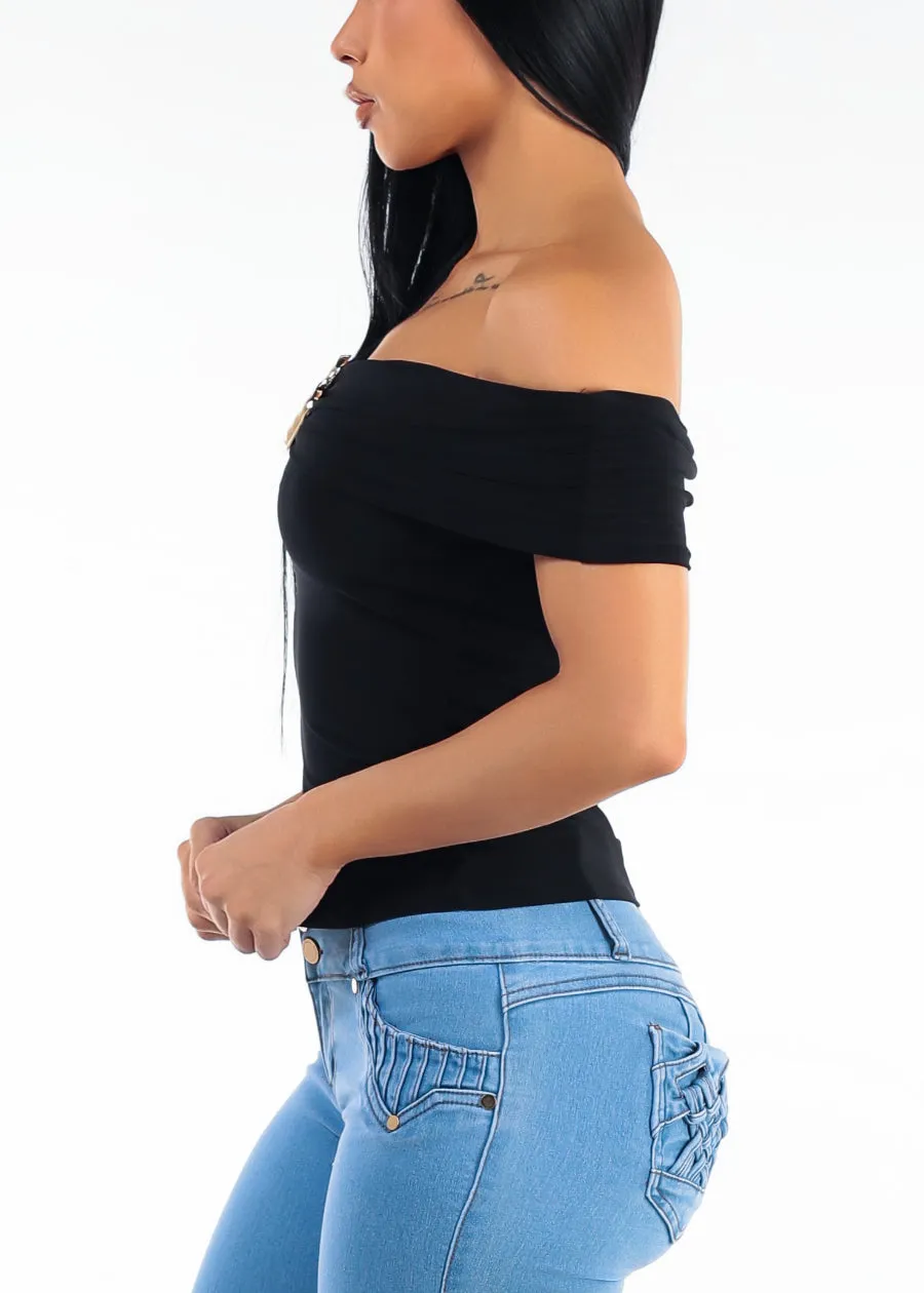 Off Shoulder Ruched Stretch Blouse Black sold by Moda product image thumbnail 3