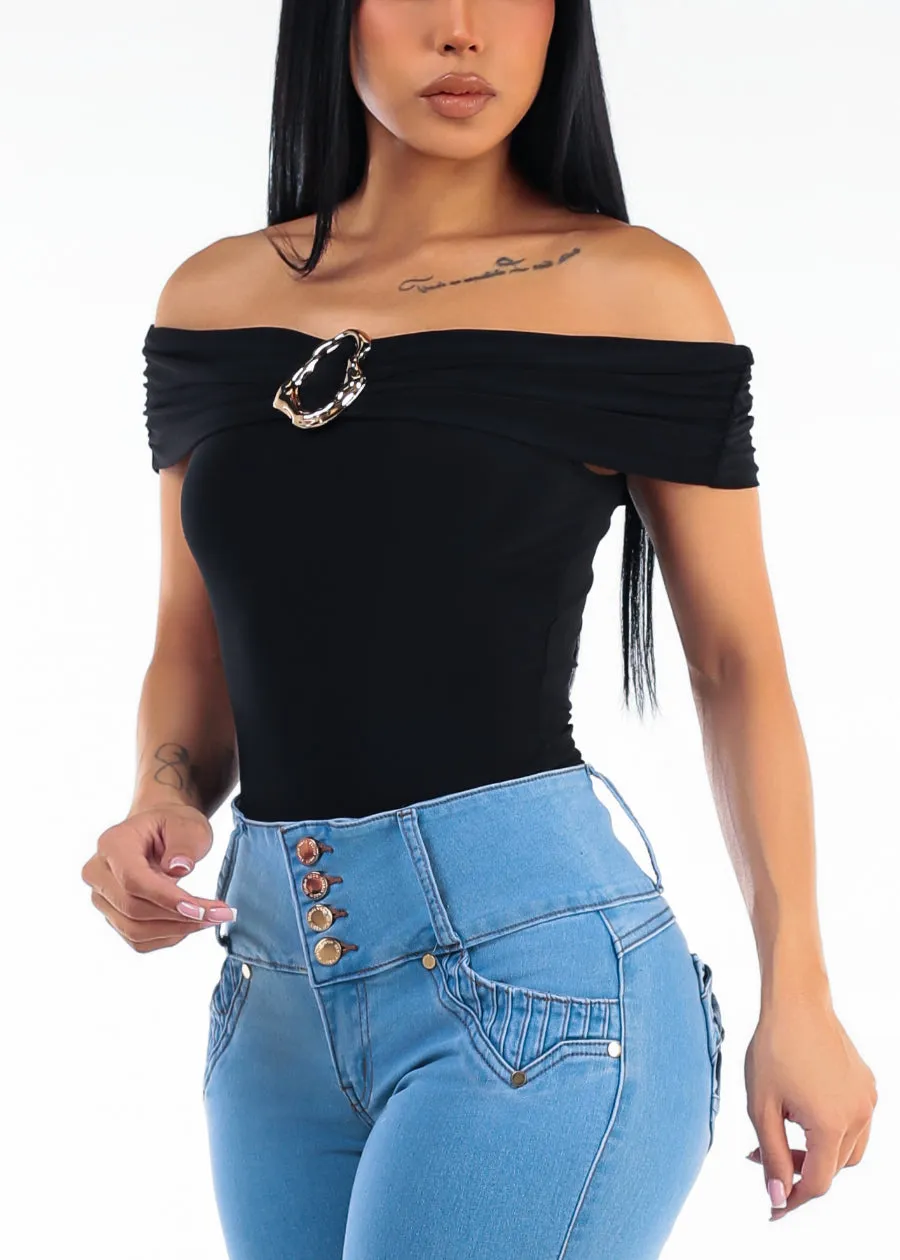 Off Shoulder Ruched Stretch Blouse Black sold by Moda