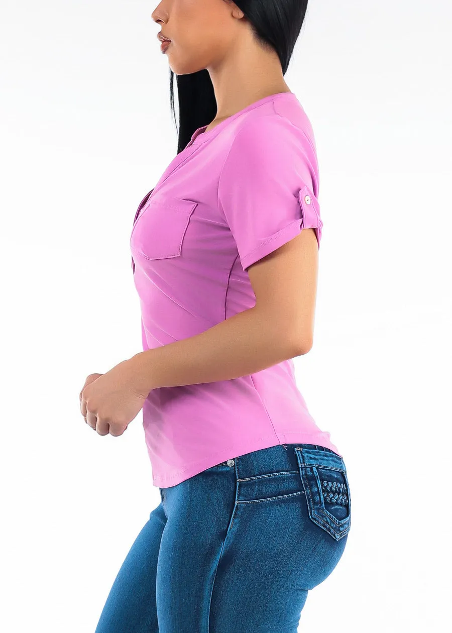 Short Sleeve Half Button Up Stretch Blouse Cotton Candy sold by Moda product image thumbnail 3