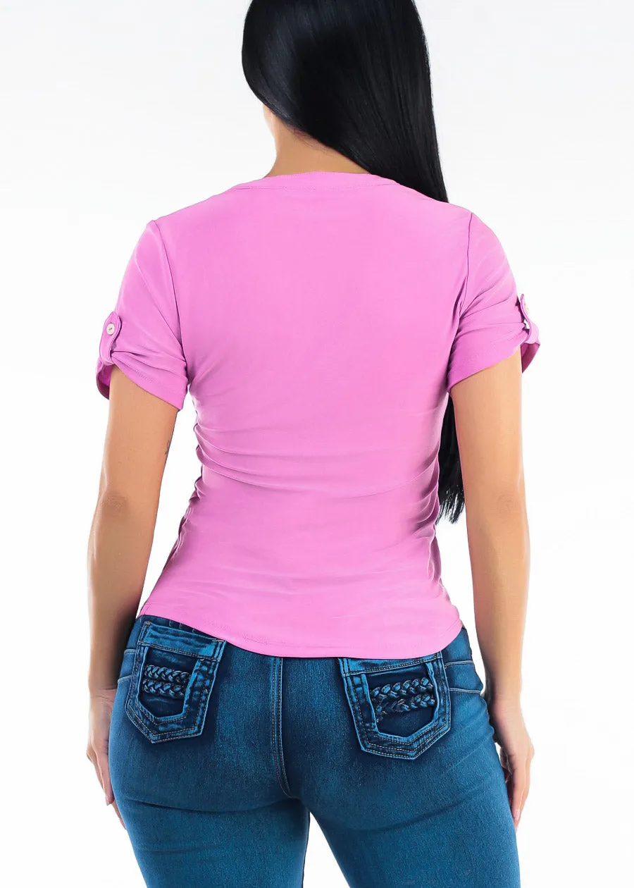 Short Sleeve Half Button Up Stretch Blouse Cotton Candy sold by Moda product image thumbnail 4