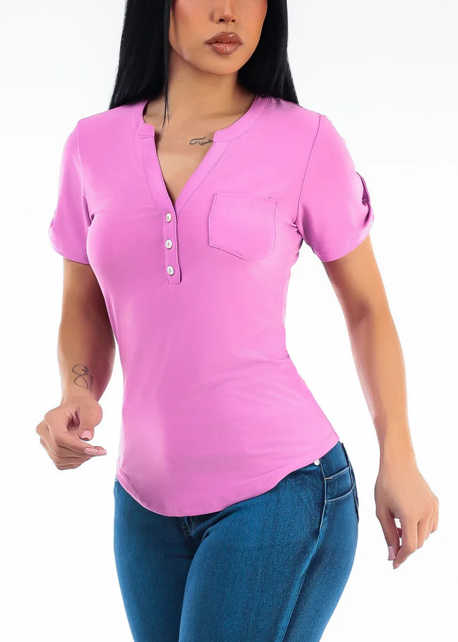 Short Sleeve Half Button Up Stretch Blouse Cotton Candy sold by Moda