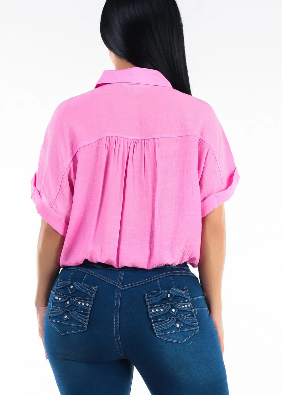Short Sleeve Elastic Waist Button Up Collared Blouse Pink sold by Moda product image thumbnail 4