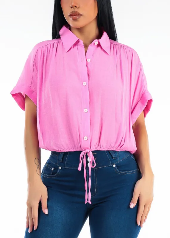 Short Sleeve Elastic Waist Button Up Collared Blouse Pink made by Moda