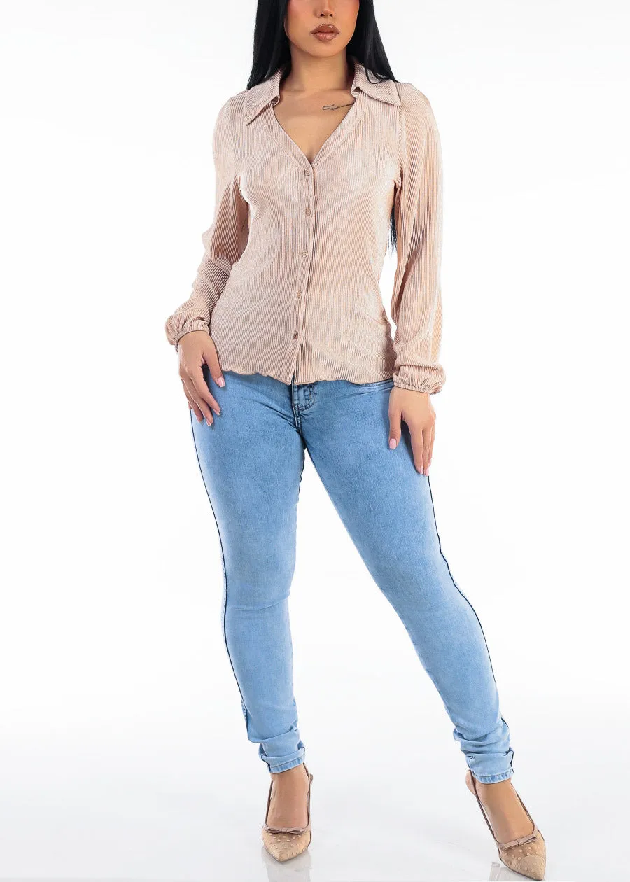Long Sleeve Button Up Stretch Ribbed Blouse Nude sold by Moda product image thumbnail 2