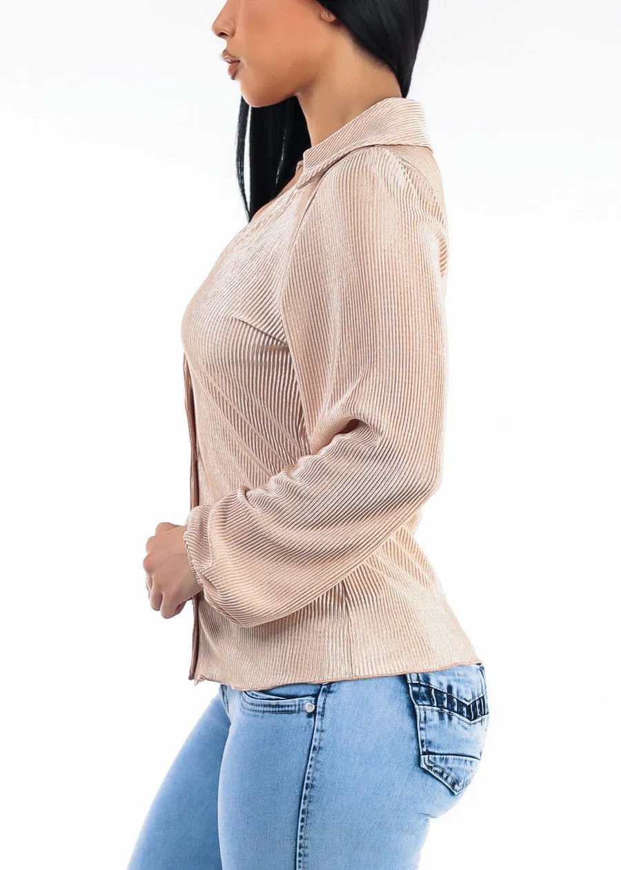 Long Sleeve Button Up Stretch Ribbed Blouse Nude sold by Moda product image thumbnail 3