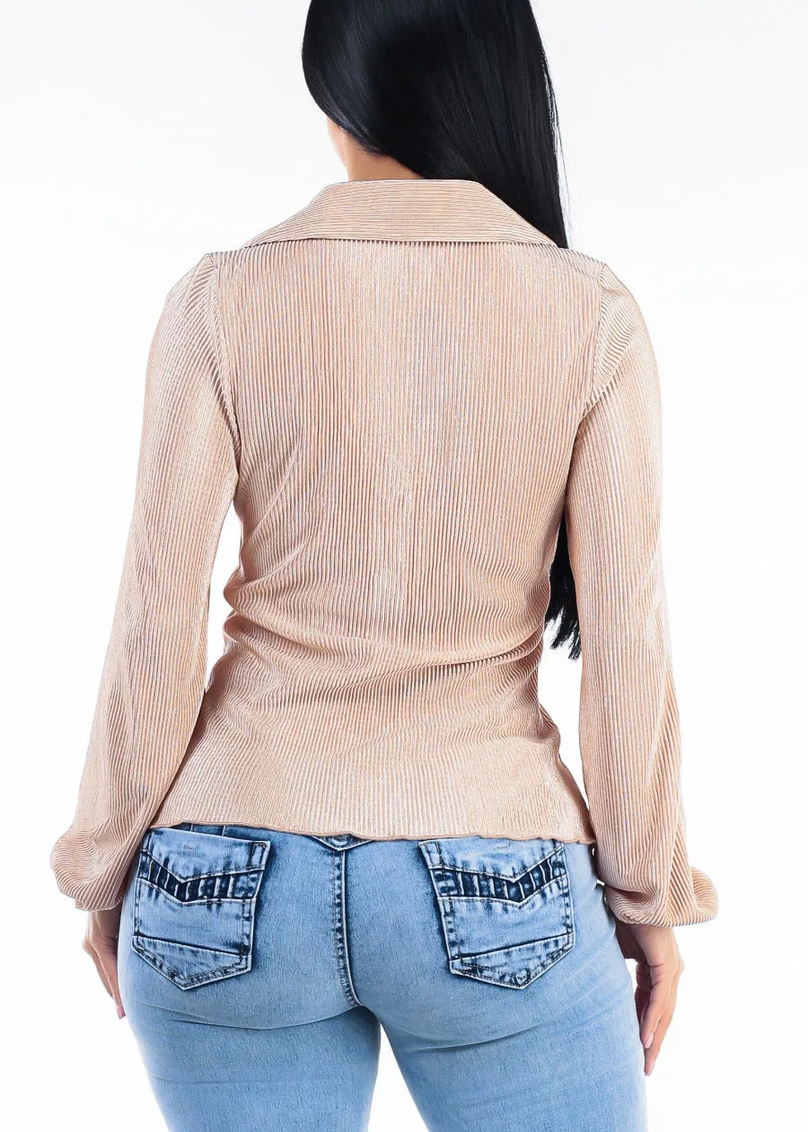Long Sleeve Button Up Stretch Ribbed Blouse Nude sold by Moda product image thumbnail 4