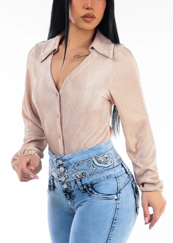 Long Sleeve Button Up Stretch Ribbed Blouse Nude made by Moda
