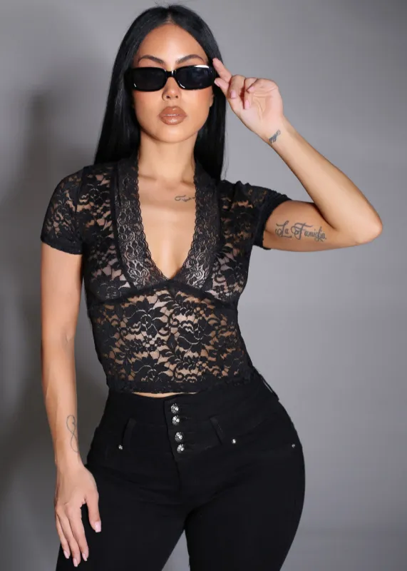 Deep Vneck Short Sleeve Floral Lace Blouse Black made by Timing