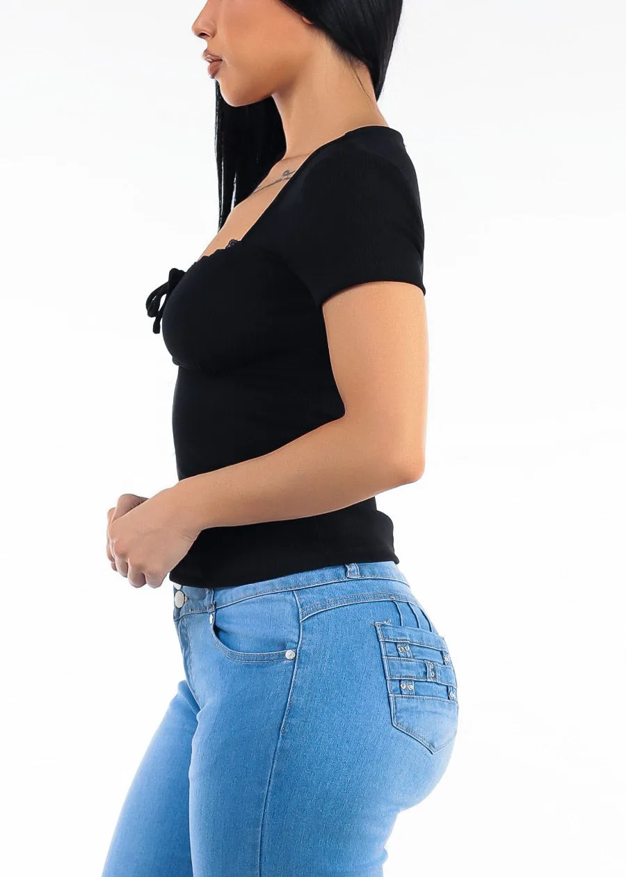 Short Sleeve Square Neck Stretch Top Black w Lace Trim sold by Moda product image thumbnail 3