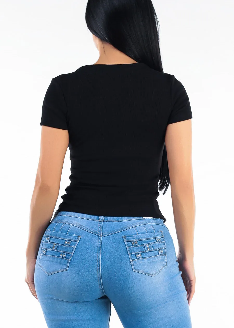 Short Sleeve Square Neck Stretch Top Black w Lace Trim sold by Moda product image thumbnail 4