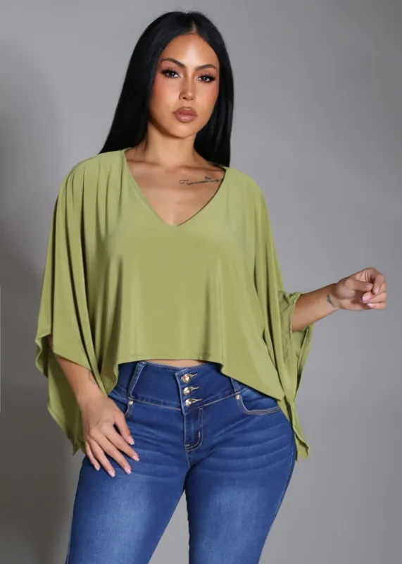 Vneck Poncho-Style Stretch Blouse Olive made by Timing