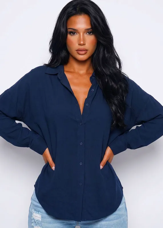 Long Sleeve Button Down Oversized Shirt Navy made by Ambiance