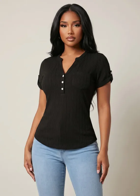 Short Sleeve Half Button Up Ribbed Stretch Blouse Black made by Moda