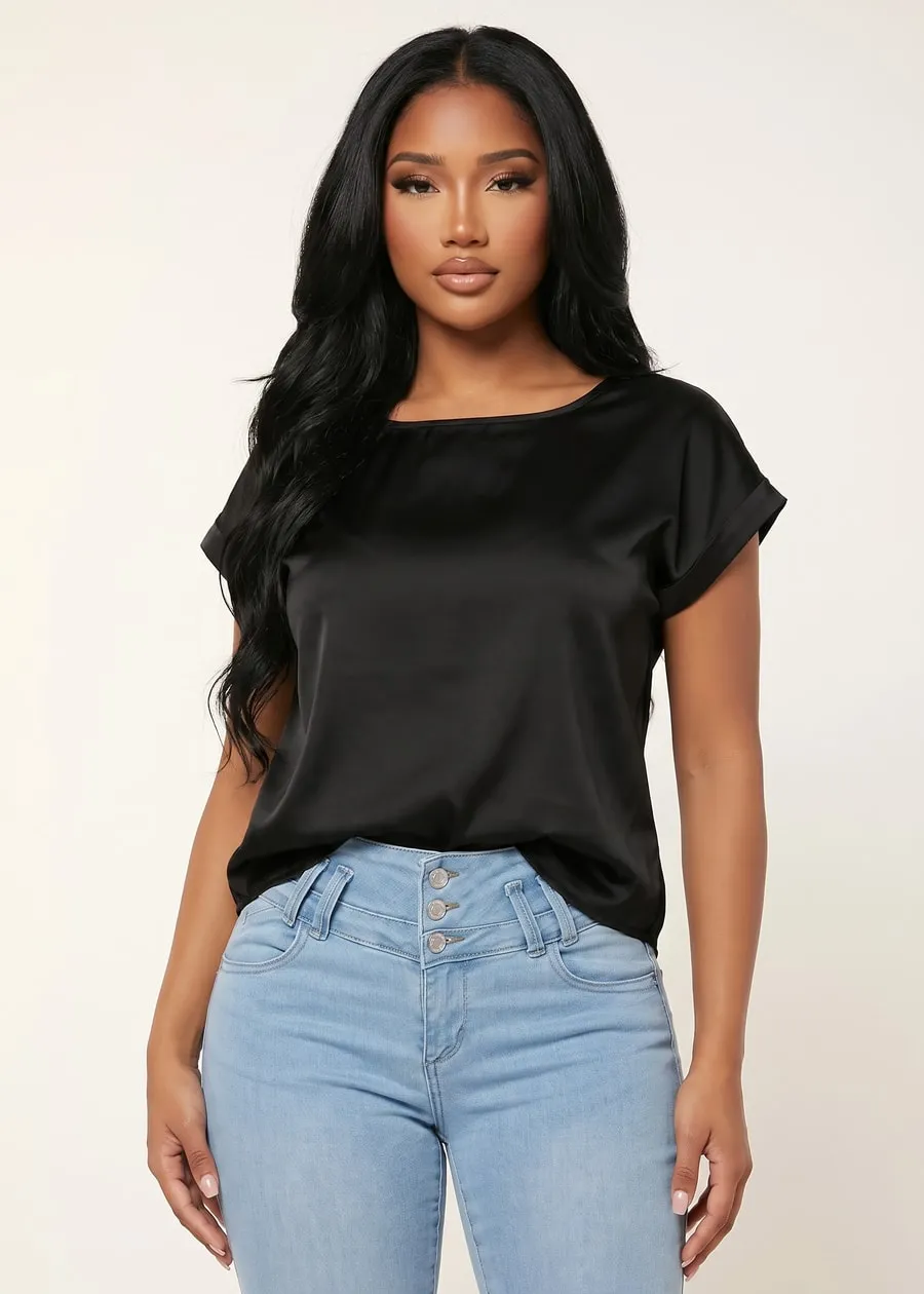 Short Sleeve Round Neck Satin Blouse Black sold by Moda