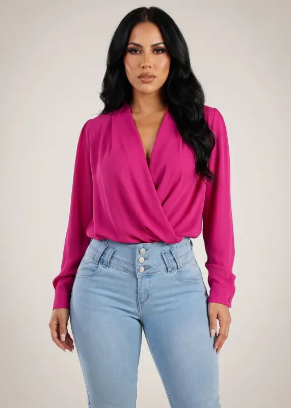 Surplice Long Sleeve Smocked Waist Blouse Fuchsia made by Moda