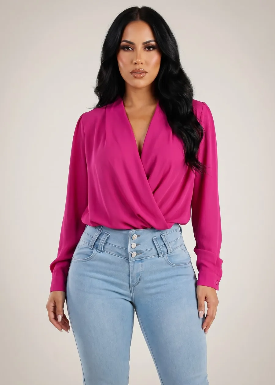 Surplice Long Sleeve Smocked Waist Blouse Fuchsia sold by Moda