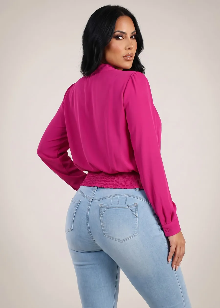 Surplice Long Sleeve Smocked Waist Blouse Fuchsia sold by Moda product image thumbnail 2