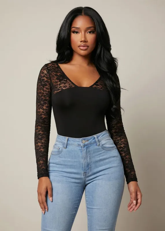 Lace Long Sleeve Vneck Stretch Crop Top Black made by Timing
