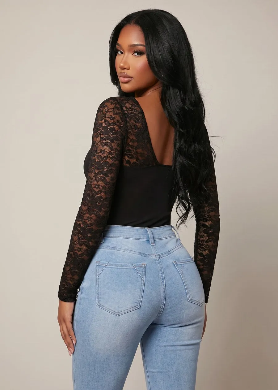 Lace Long Sleeve Vneck Stretch Crop Top Black sold by Moda product image thumbnail 2