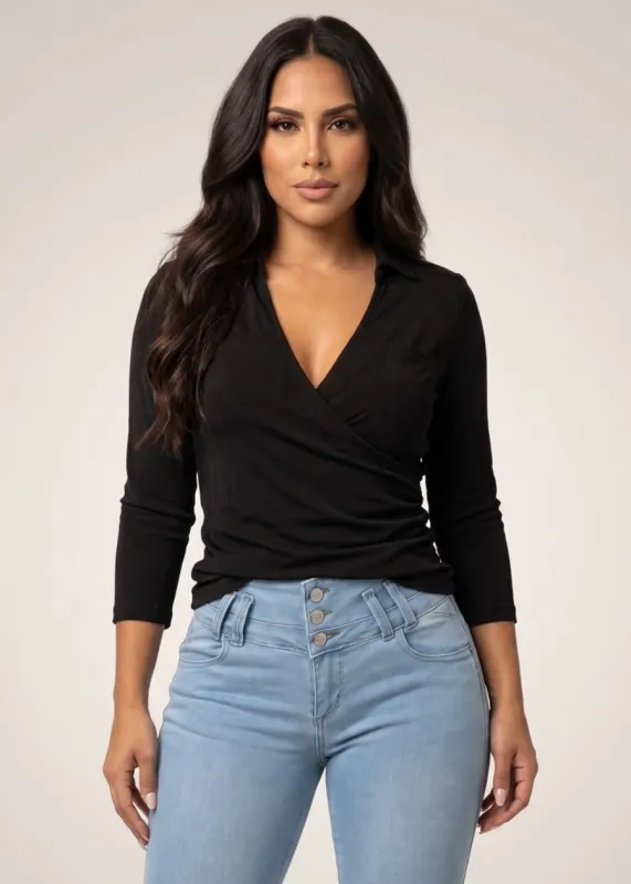 Quarter Sleeve Stretch Surplice Blouse Black made by Moda