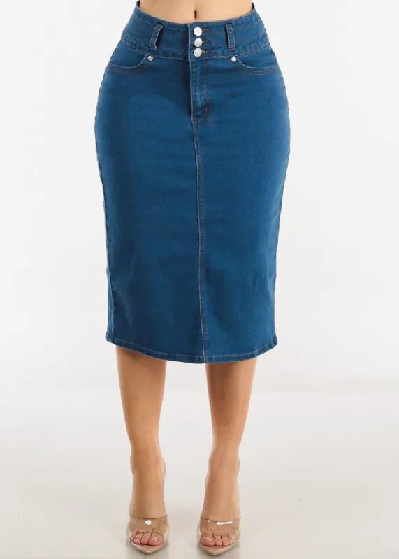 High Waist 3 Button Indigo Denim Pencil Skirt sold by Moda